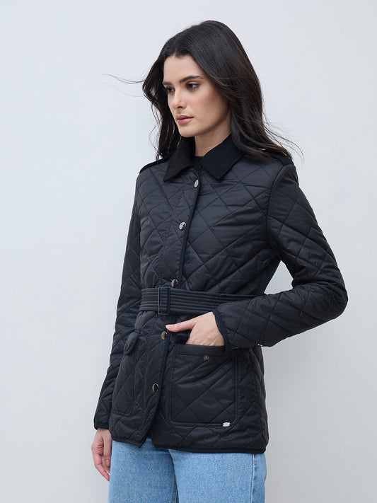 Elle Women Black Solid Collared Jacket