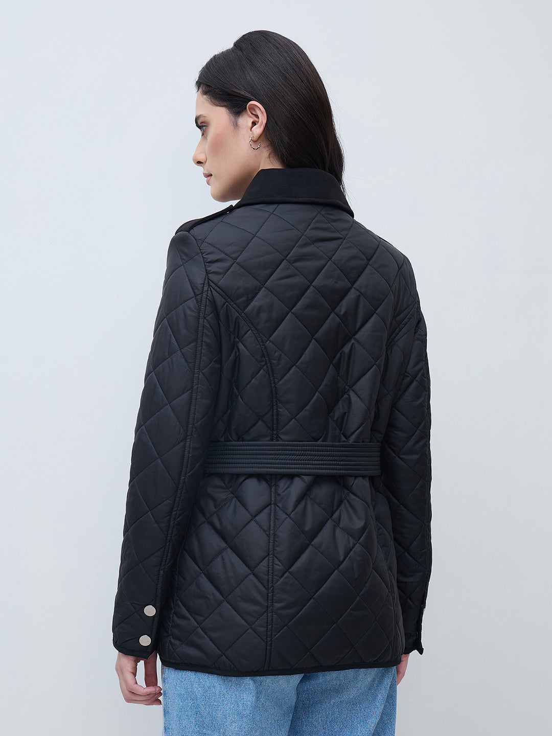 Elle Women Black Solid Collared Jacket