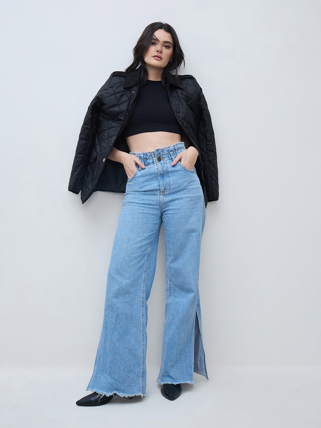 Elle Women Black Solid Collared Jacket