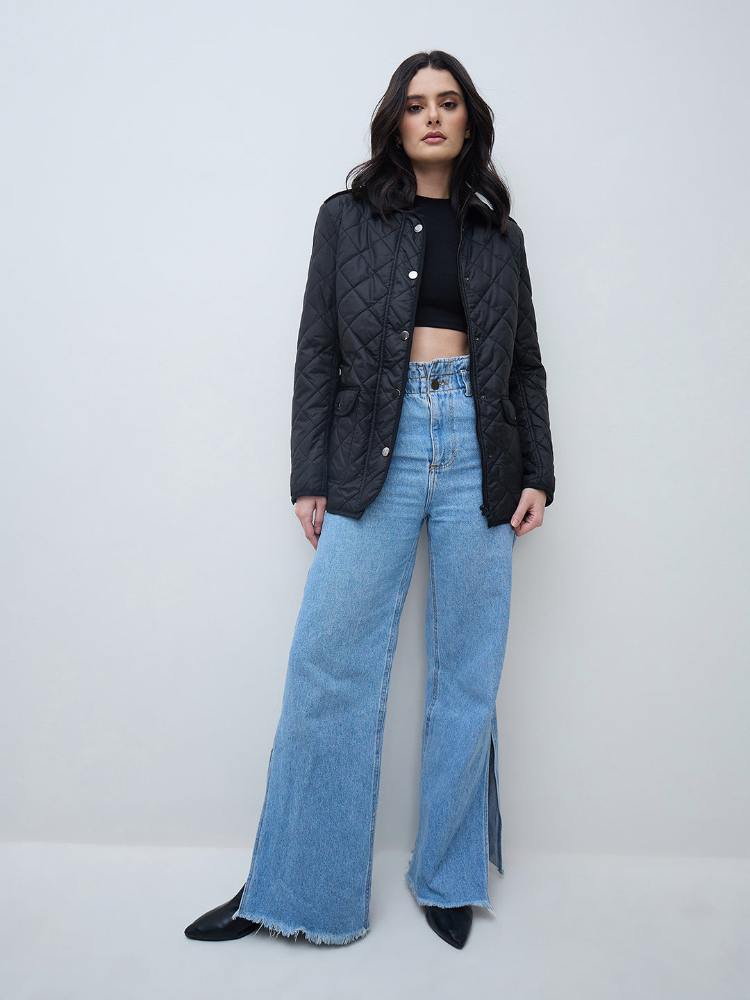 Elle Women Black Solid Collared Jacket