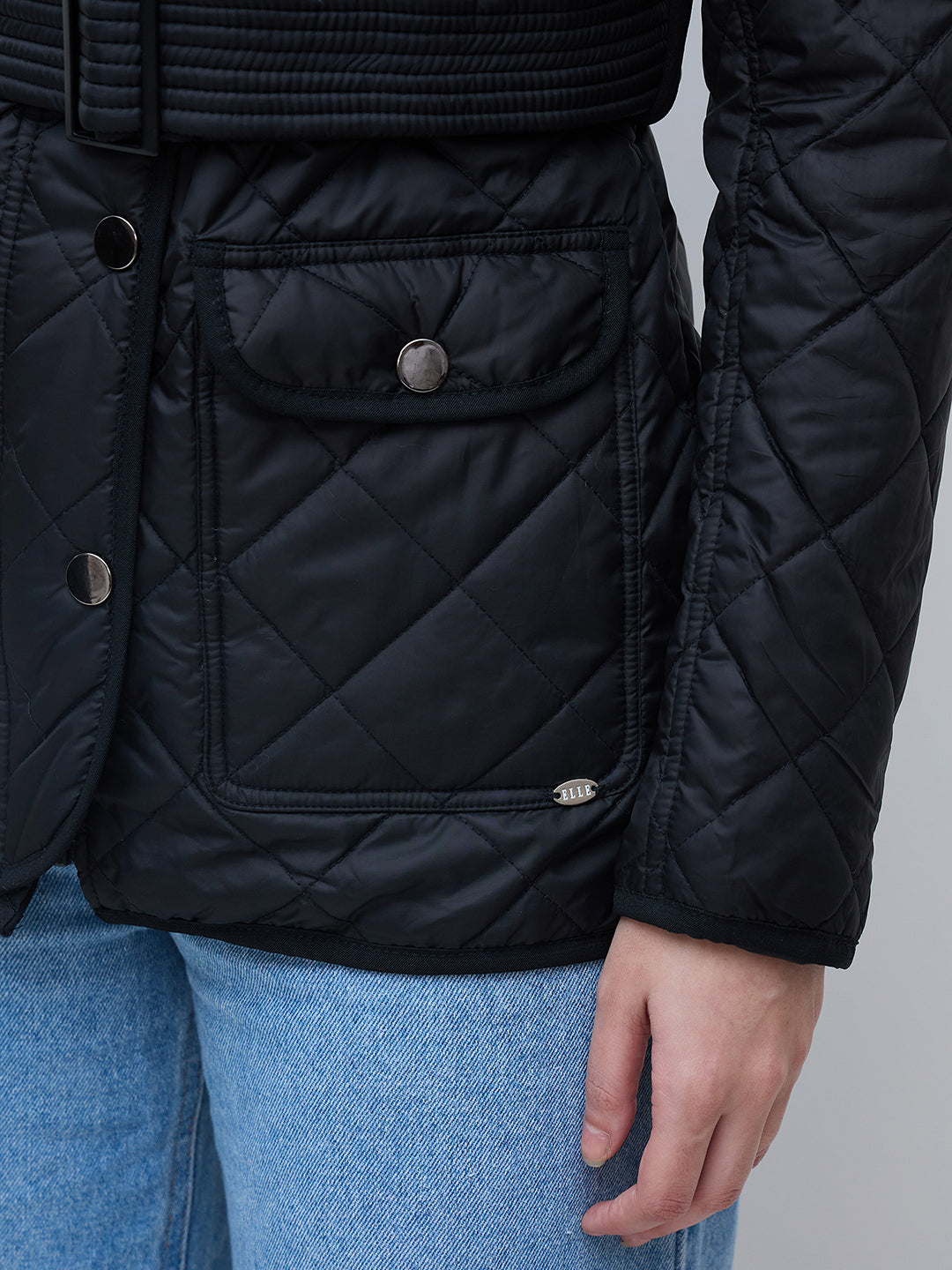 Elle Women Black Solid Collared Jacket