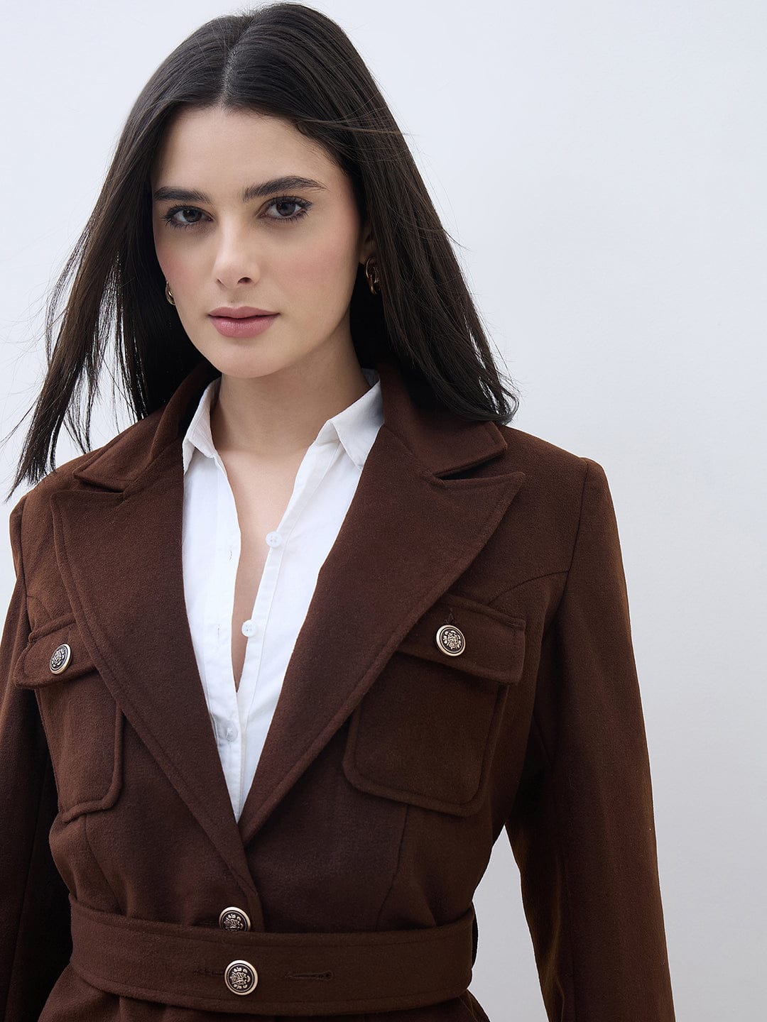 ELLE Women Brown Notch Lapel Oversize Fit Jacket