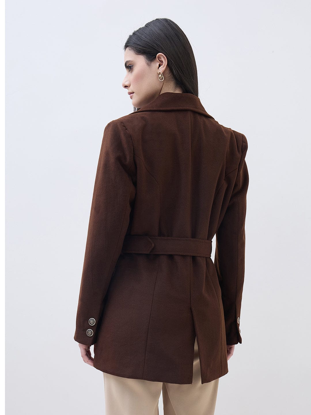 ELLE Women Brown Notch Lapel Oversize Fit Jacket