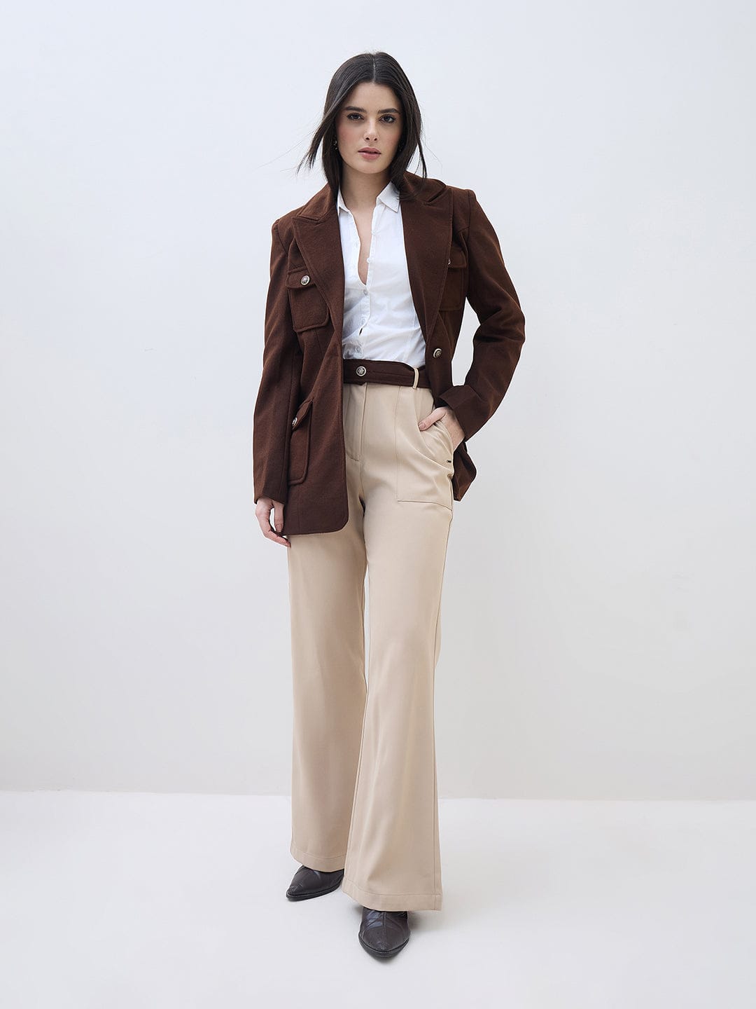ELLE Women Brown Notch Lapel Oversize Fit Jacket