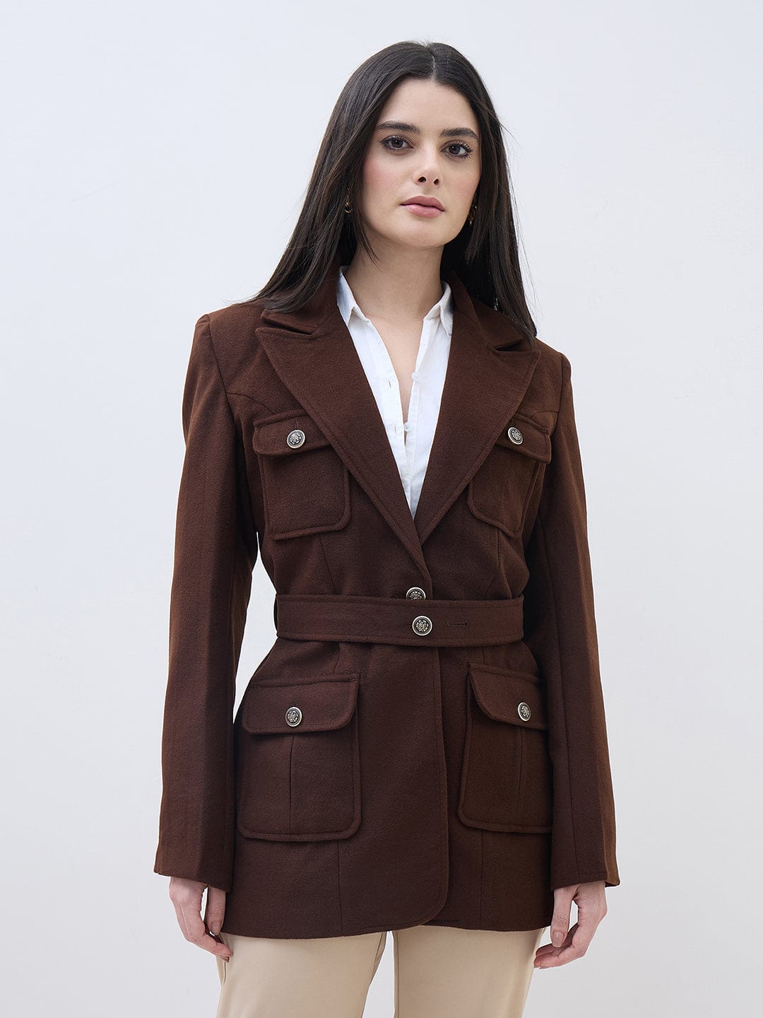 ELLE Women Brown Notch Lapel Oversize Fit Jacket