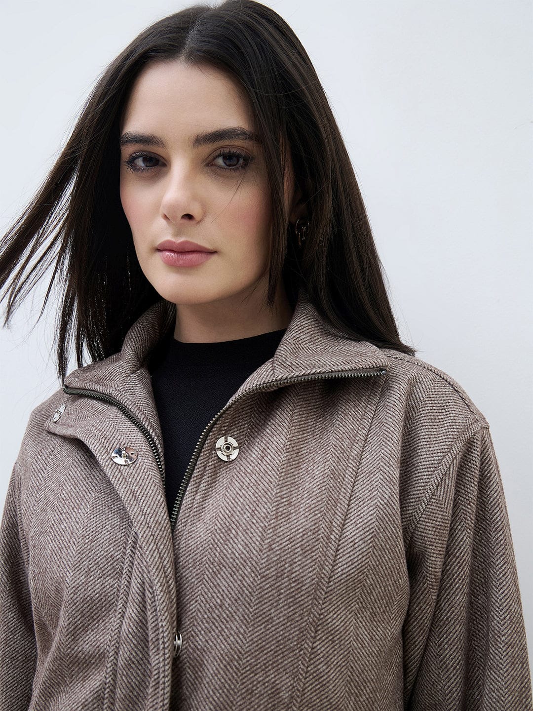 ELLE Women Brown Textured High Neck Oversize Bomber Jacket