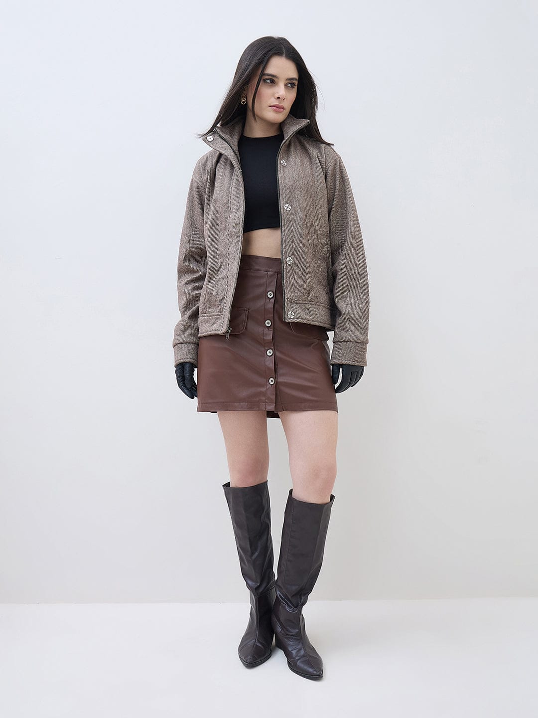 ELLE Women Brown Textured High Neck Oversize Bomber Jacket