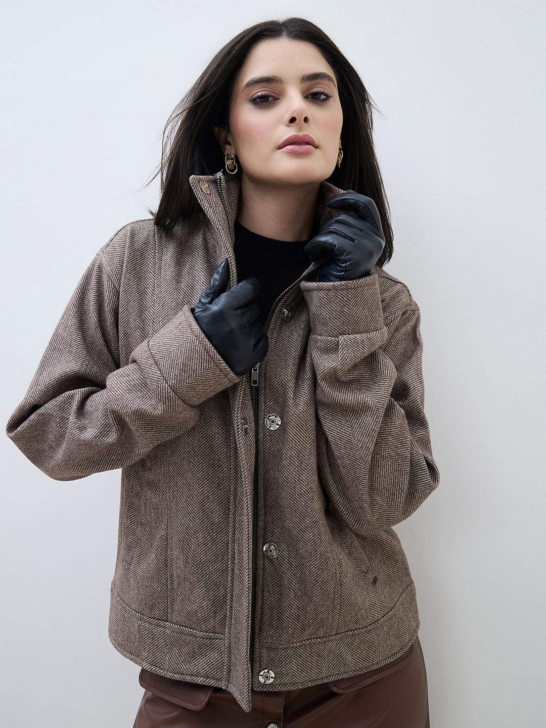 ELLE Women Brown Textured High Neck Oversize Bomber Jacket