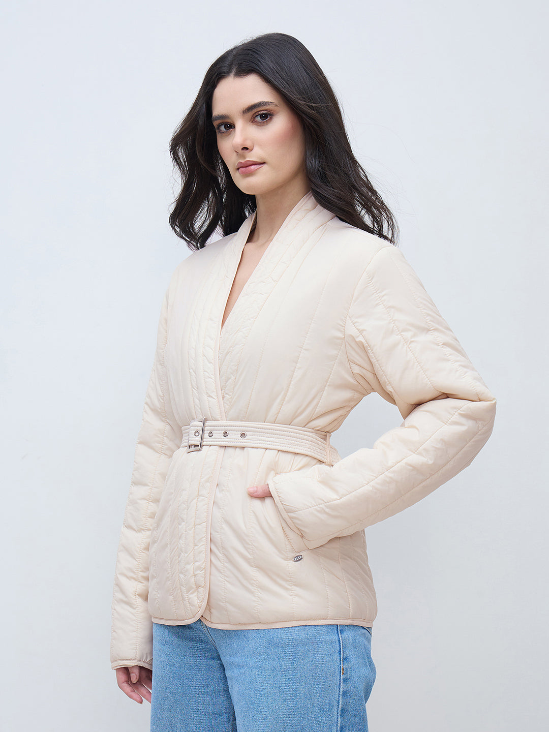 Elle Women Cream Solid V Neck Jacket