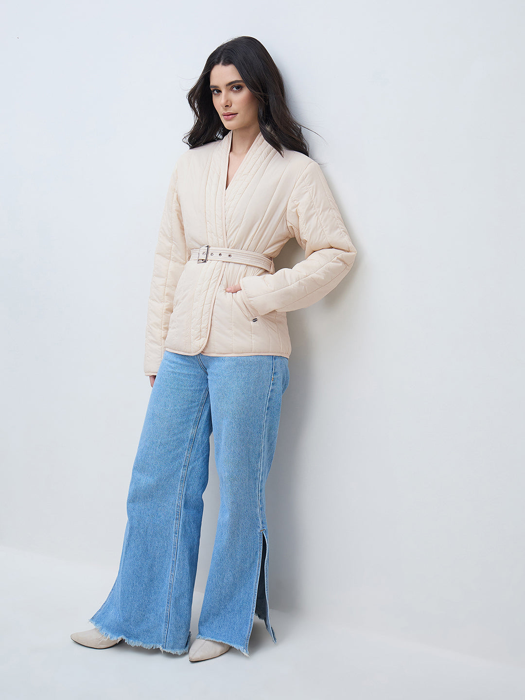 Elle Women Cream Solid V Neck Jacket