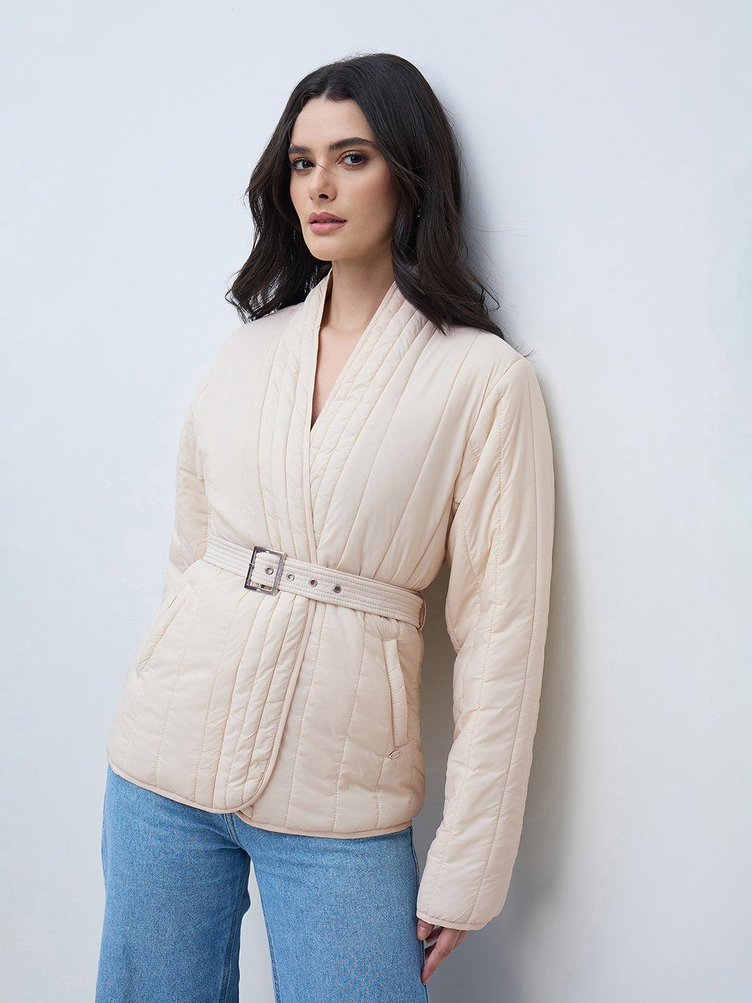 Elle Women Cream Solid V Neck Jacket