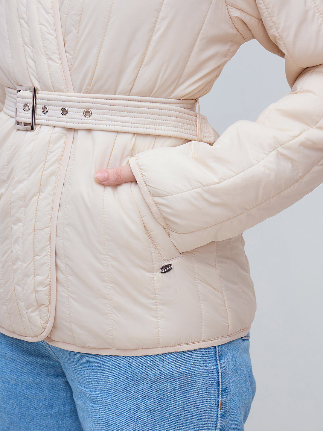 Elle Women Cream Solid V Neck Jacket