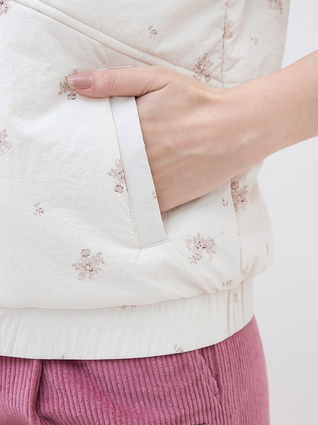 ELLE Women Cream Printed High Neck Regular Fit Jacket