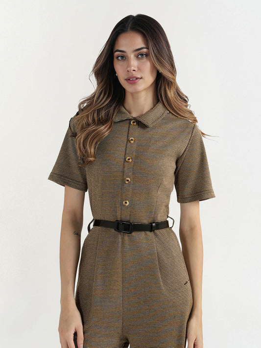 Elle Women Multi Houndstooth Collar Jumpsuit