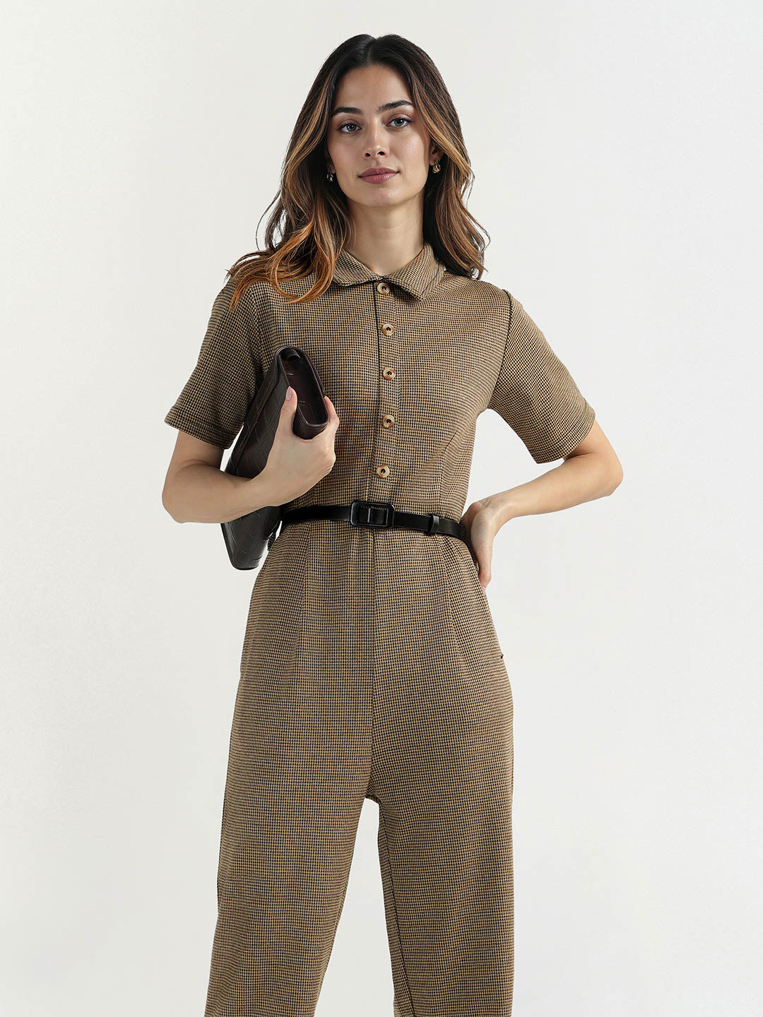 Elle Women Multi Houndstooth Collar Jumpsuit