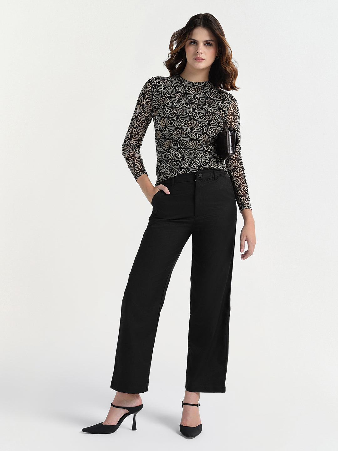 Elle Women Black Regular Fit Plain Trouser