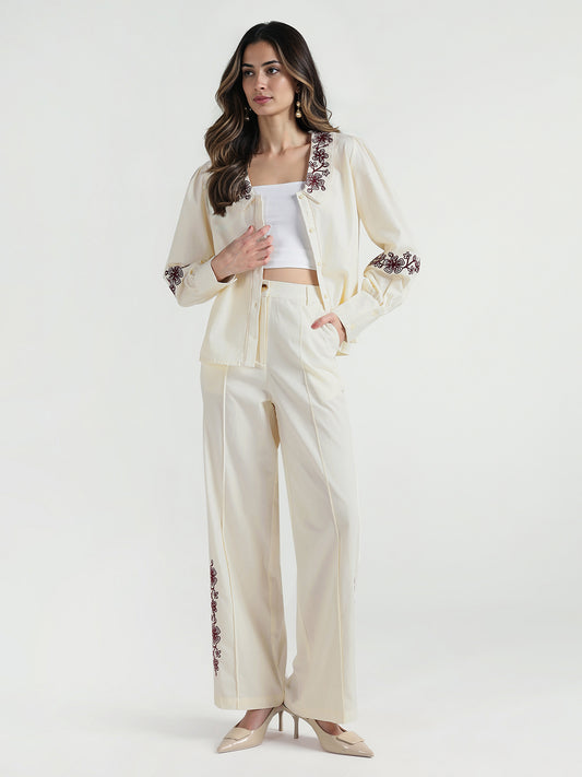 Elle Women Cream Fit And Flare Embroidered Trouser