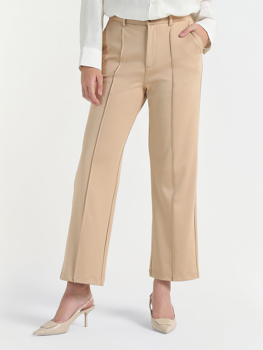 Elle Women Cream Regular Fit Solid Trouser
