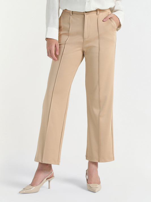 Elle Women Cream Regular Fit Solid Trouser