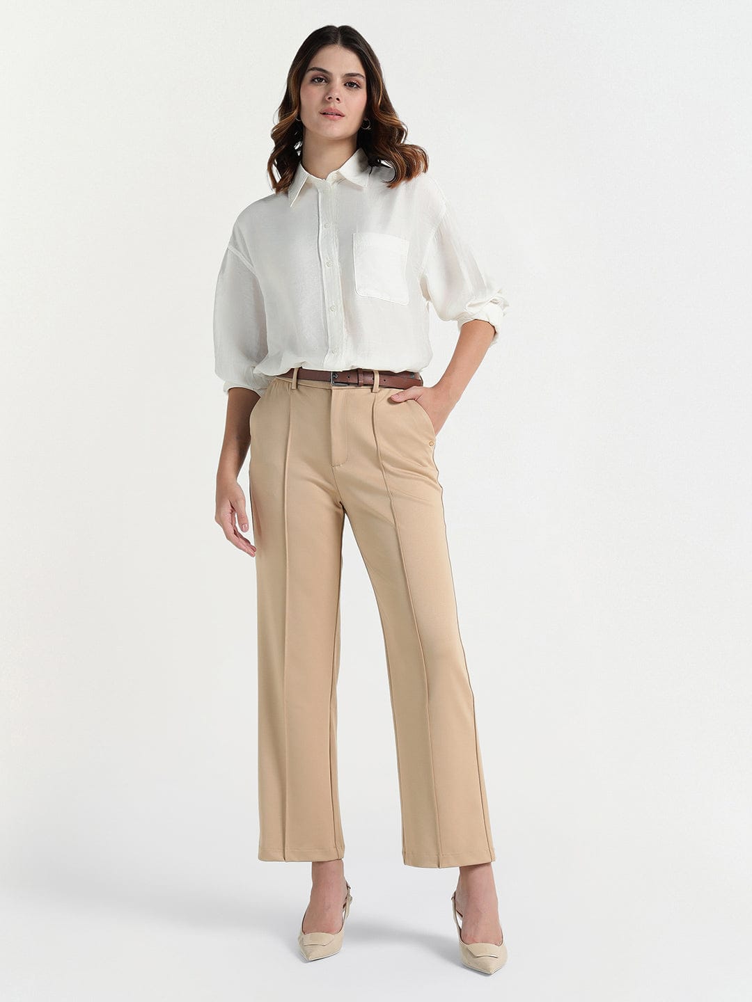 Elle Women Cream Regular Fit Solid Trouser