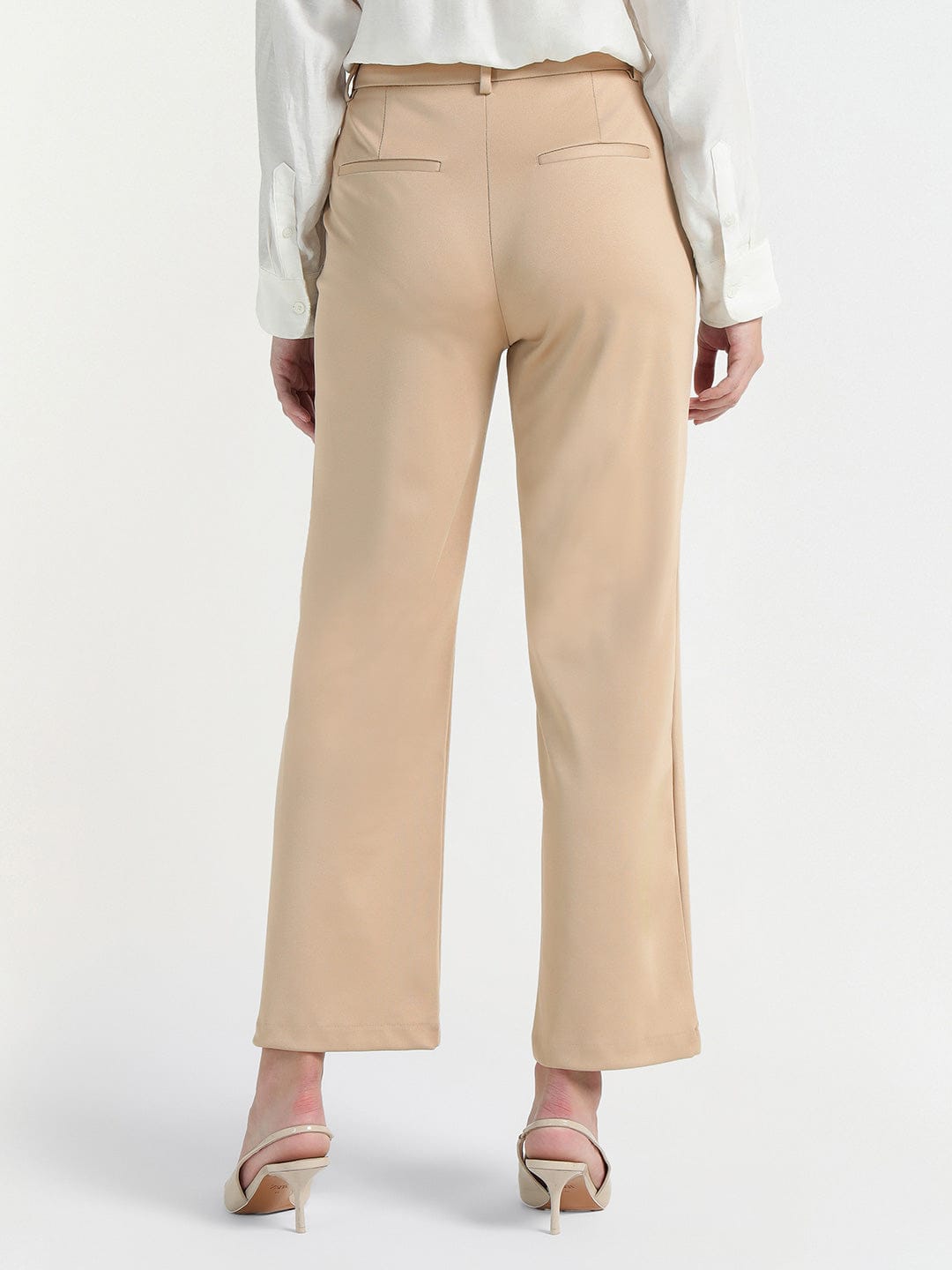 Elle Women Cream Regular Fit Solid Trouser