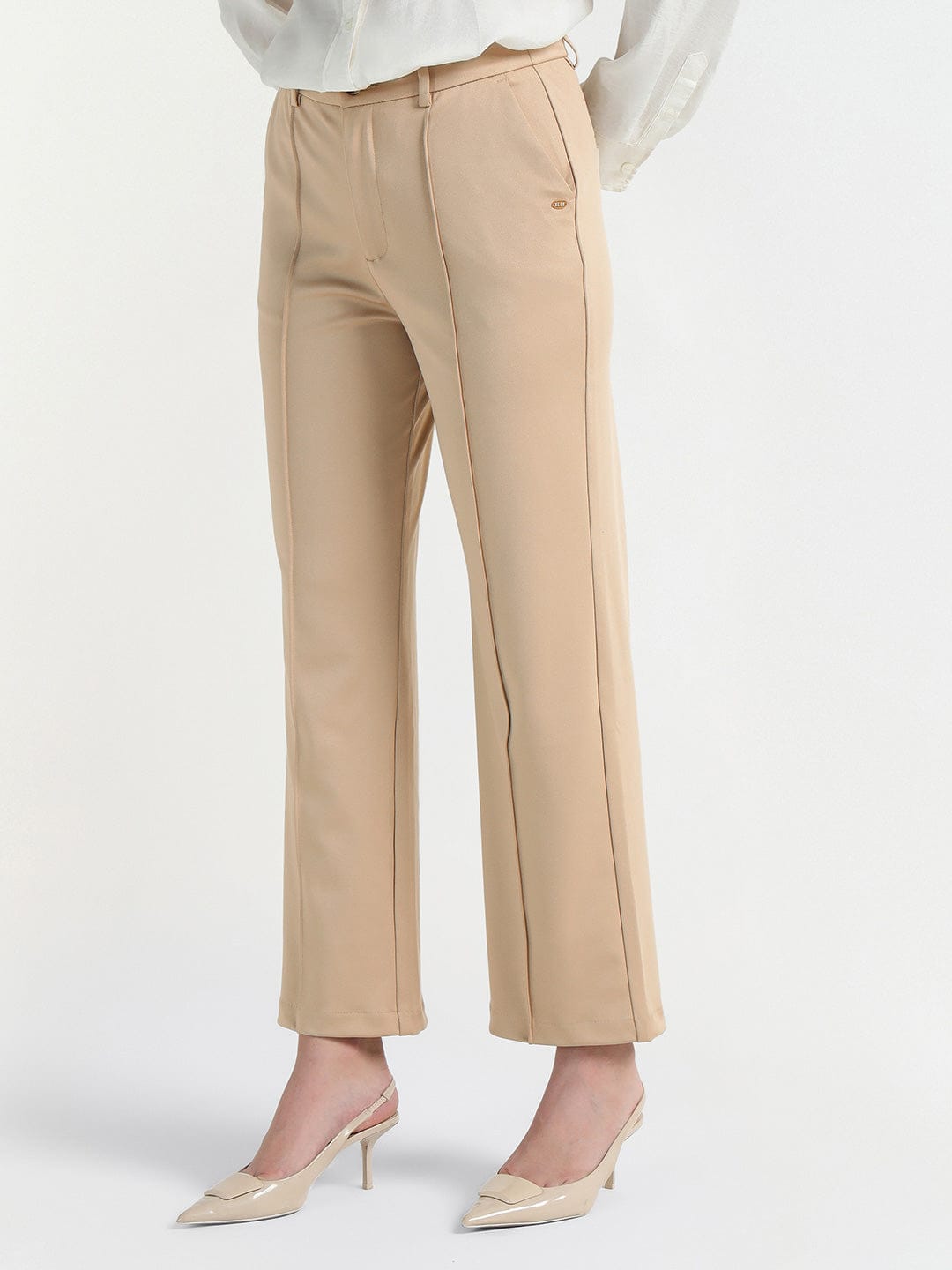 Elle Women Cream Regular Fit Solid Trouser