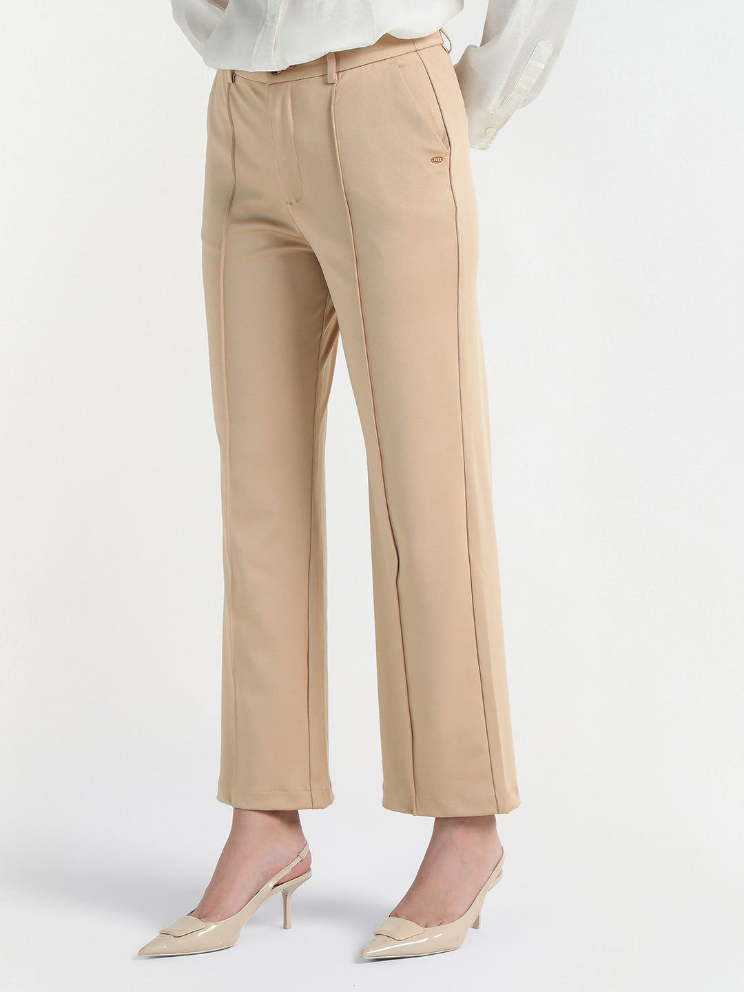 Elle Women Cream Regular Fit Solid Trouser