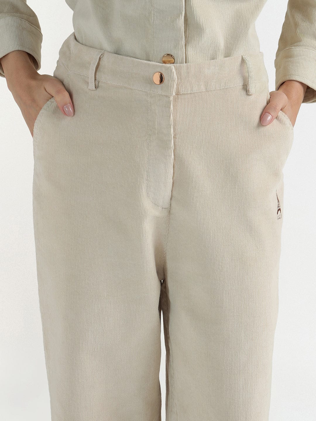 Elle Women Cream Regular Fit Solid Trouser