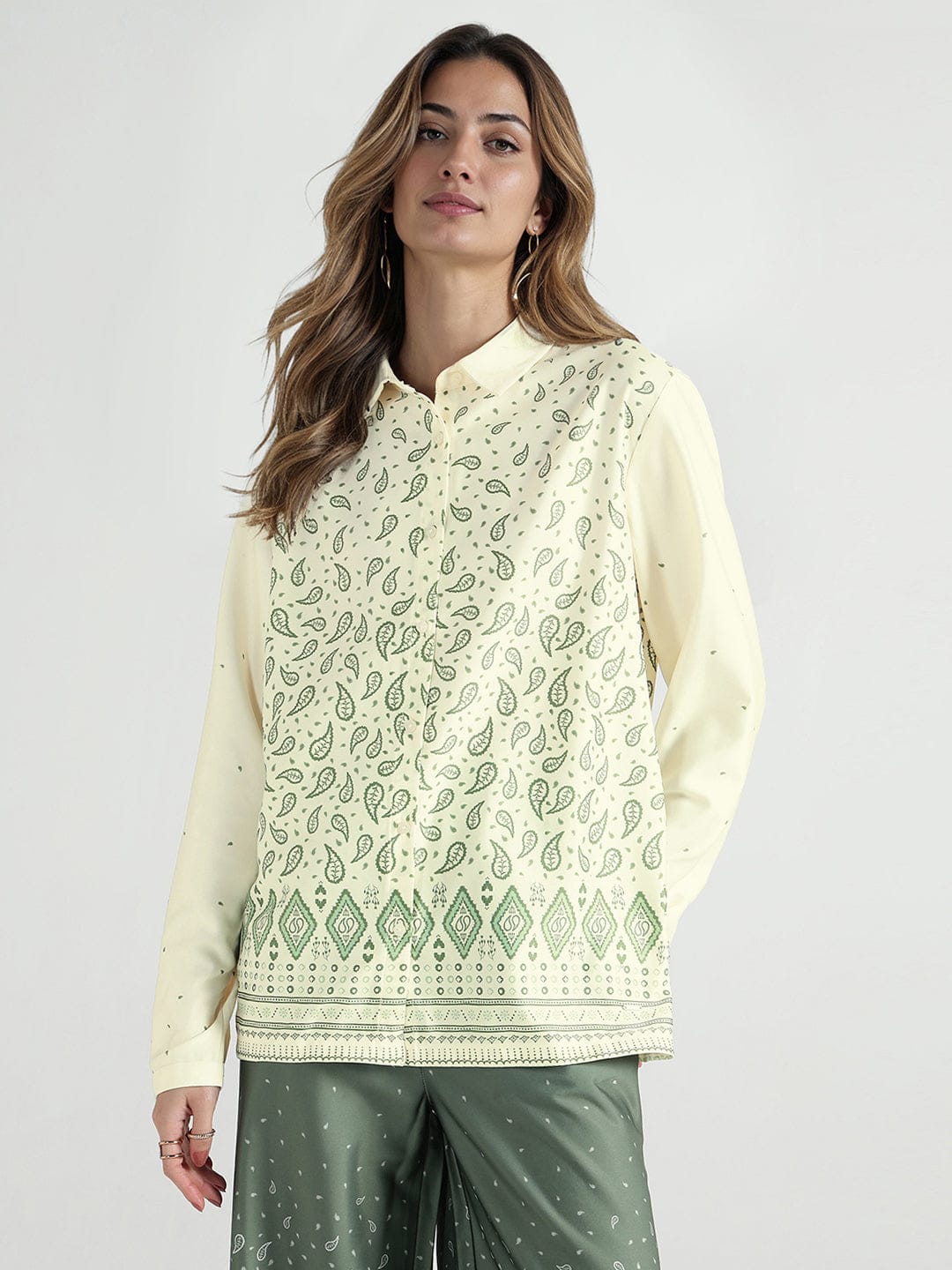 Elle Women Yellow Printed Collar Shirt