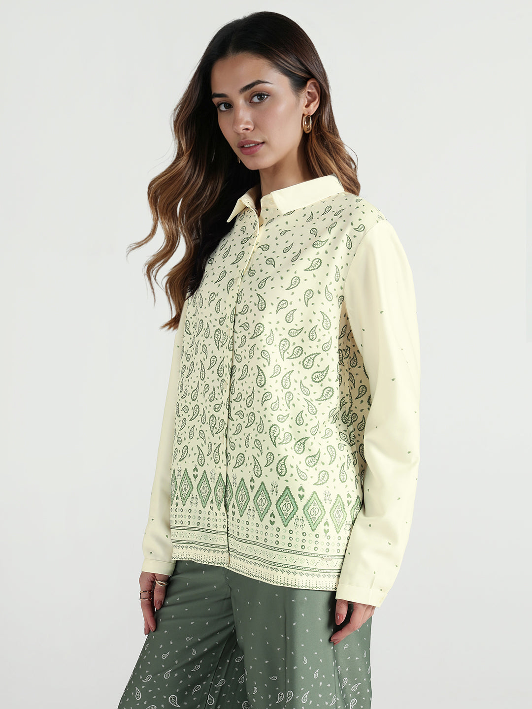 Elle Women Yellow Printed Collar Shirt