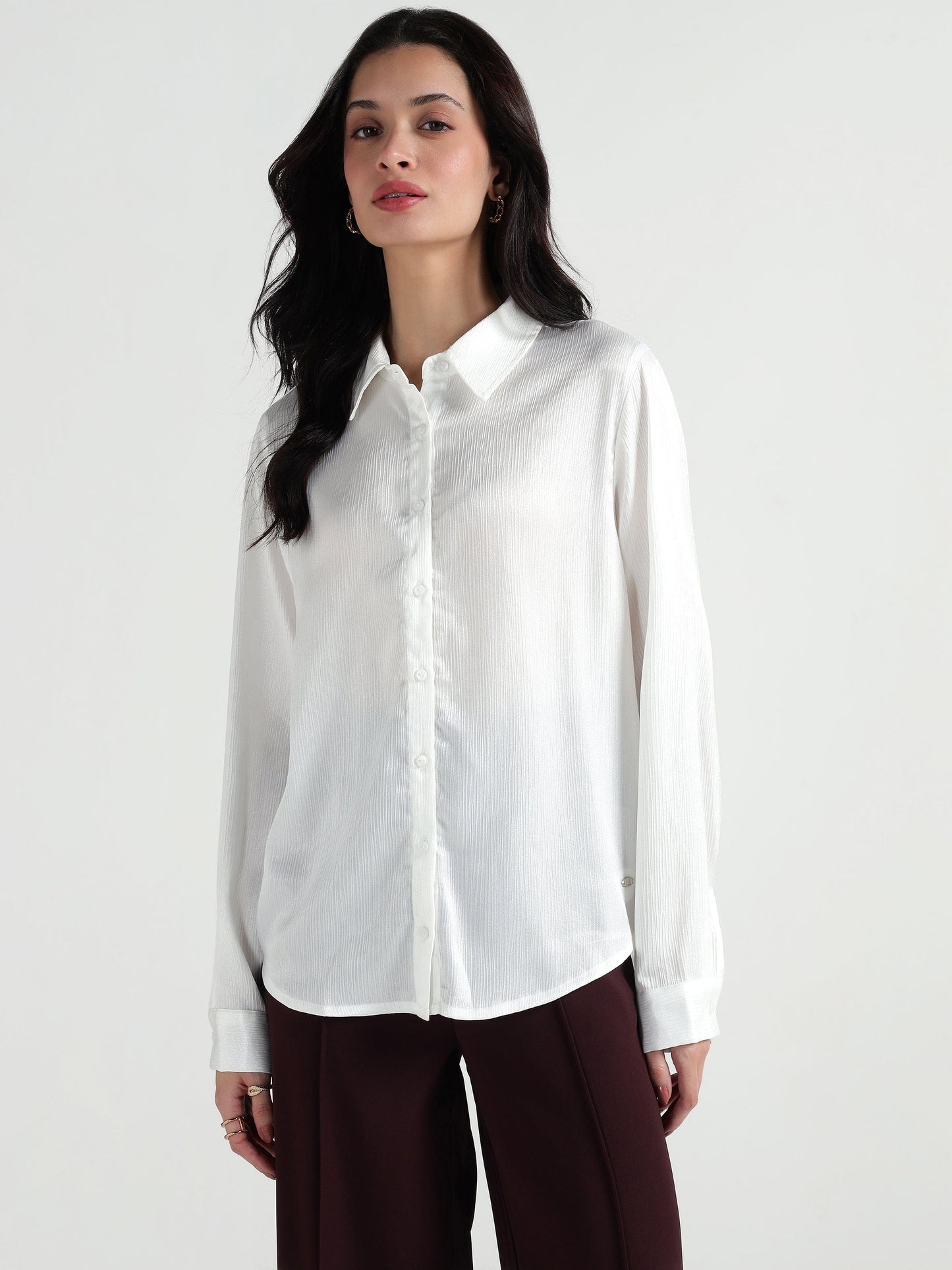 Elle Women White Plain Collar Shirt