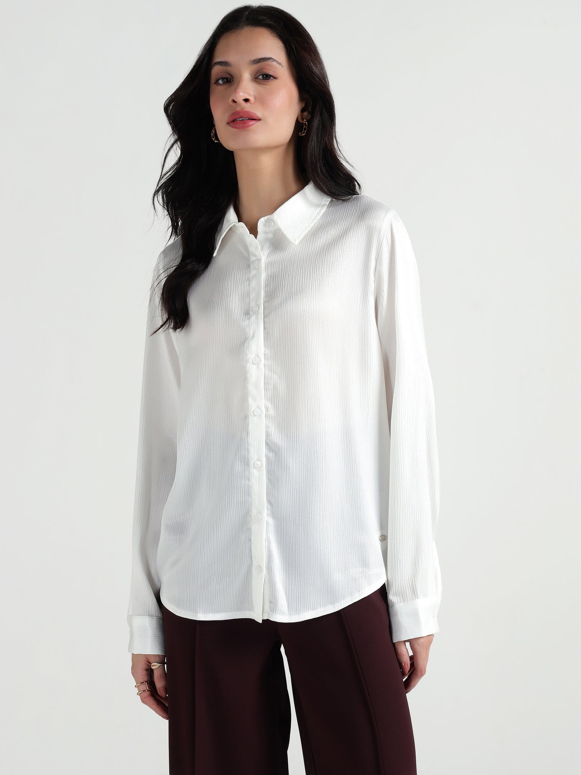 Elle Women White Plain Collar Shirt