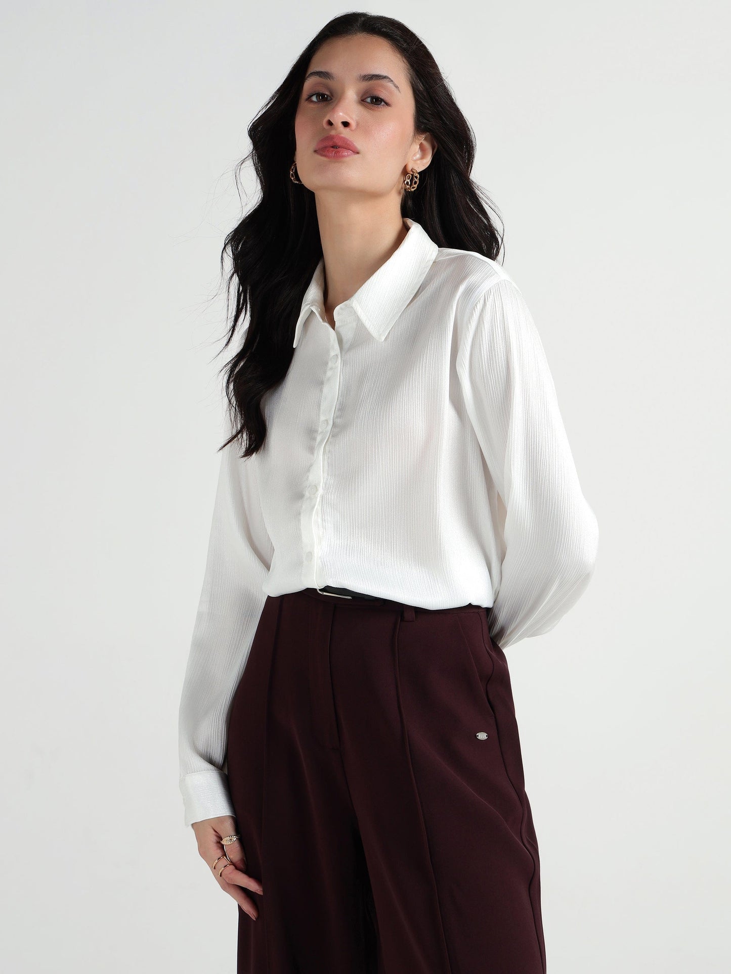 Elle Women White Plain Collar Shirt