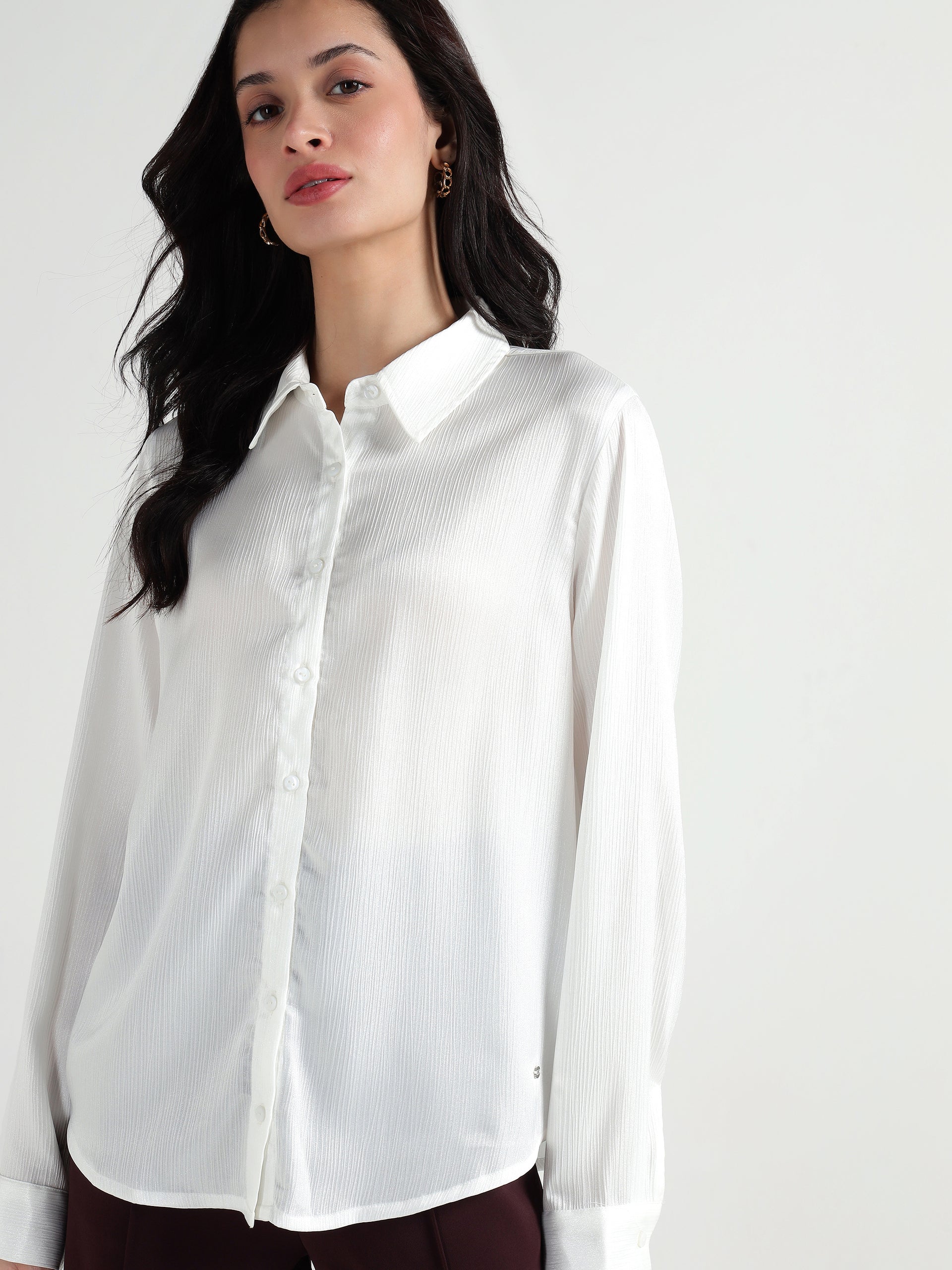 Elle Women White Plain Collar Shirt