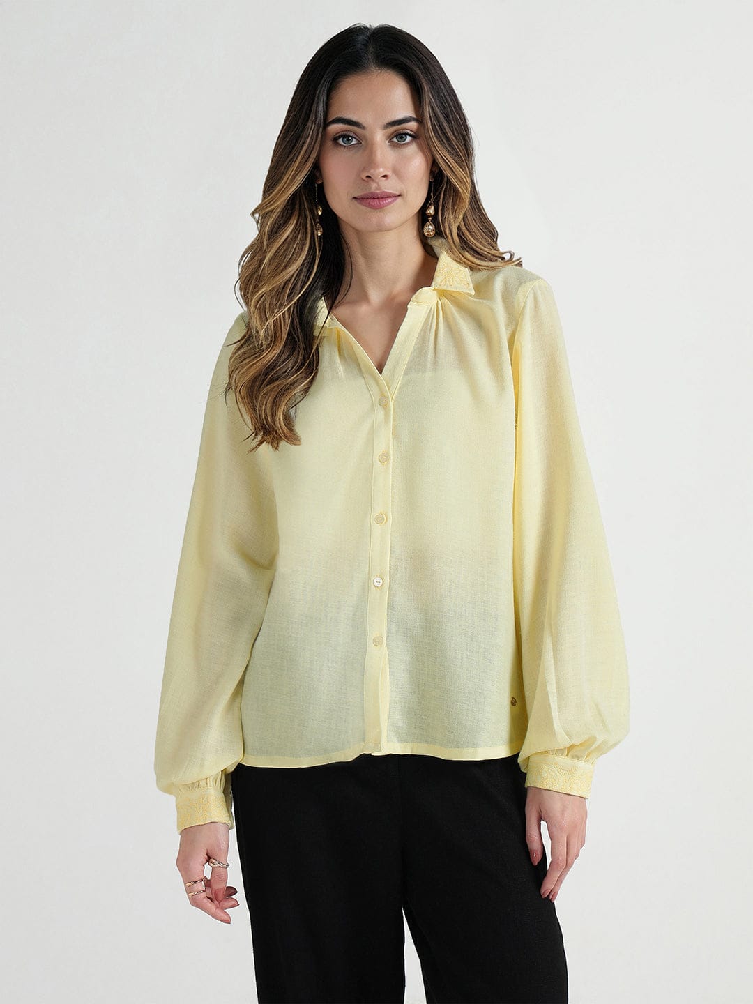 Elle Women Yellow Embroidered Collar Shirt