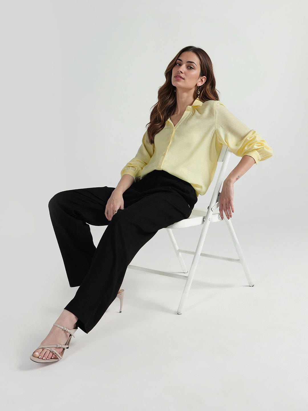 Elle Women Yellow Embroidered Collar Shirt