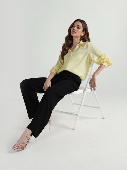 Elle Women Yellow Embroidered Collar Shirt