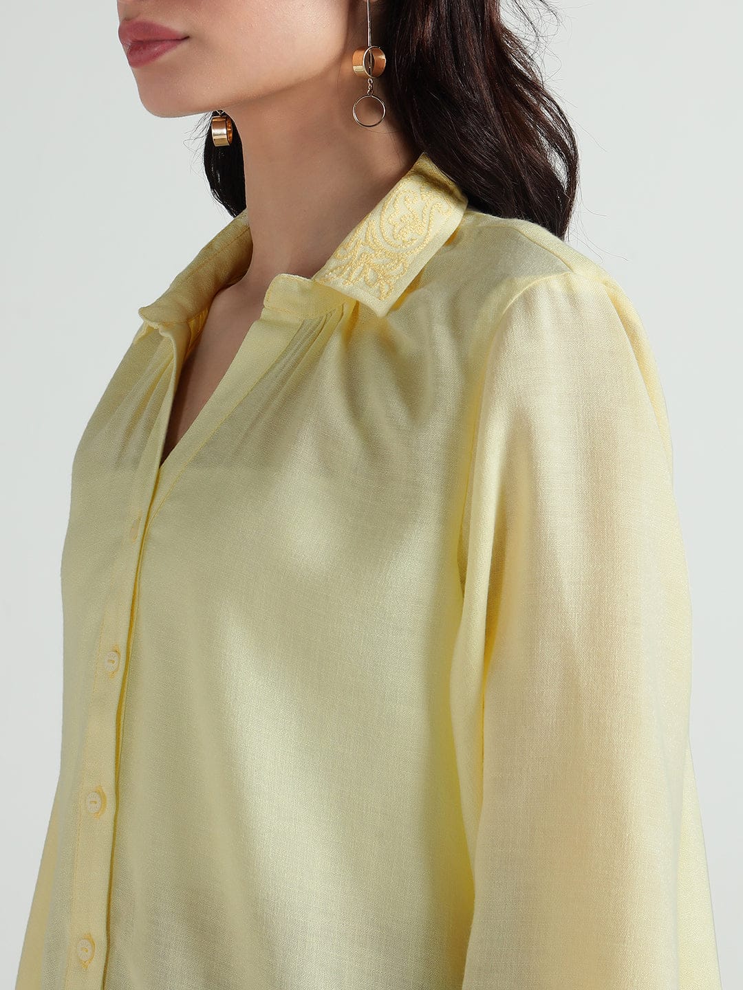 Elle Women Yellow Embroidered Collar Shirt