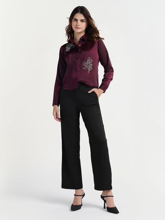 Elle Women Red Embellished Collar Shirt