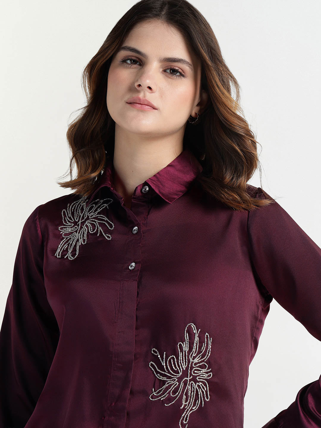 Elle Women Red Embellished Collar Shirt