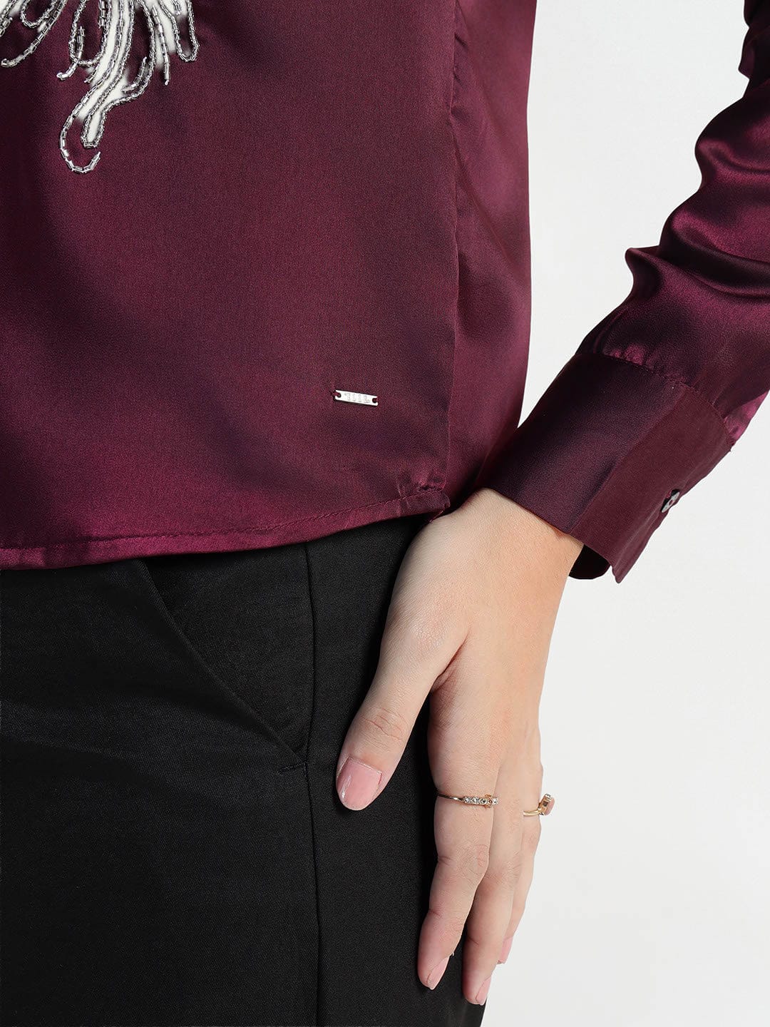 Elle Women Red Embellished Collar Shirt