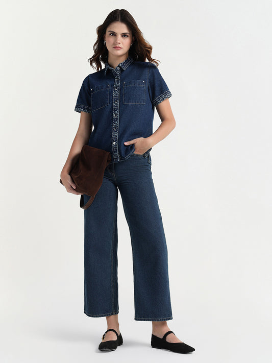 Elle Women Blue Solid Collar Shirt