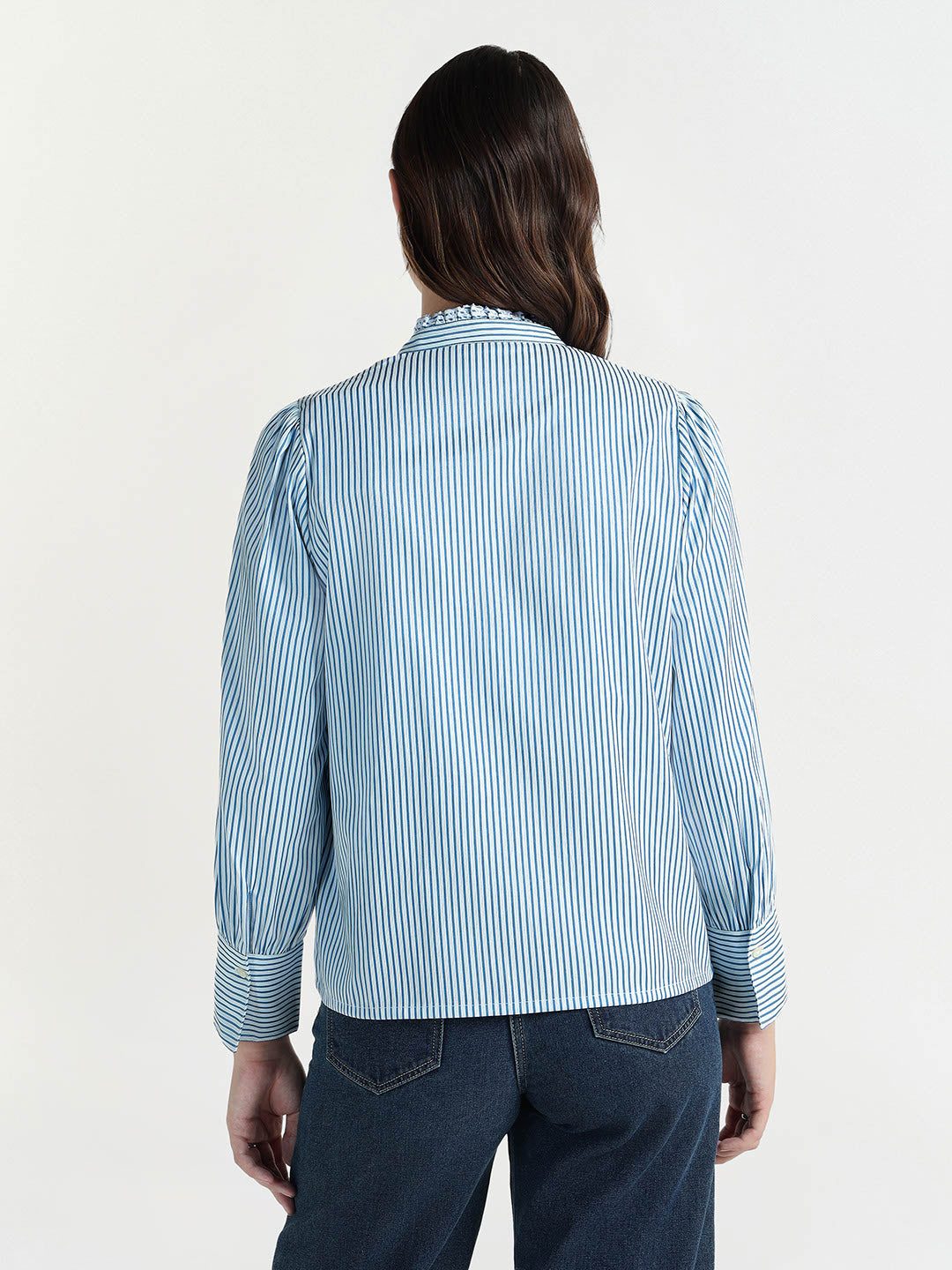 Elle Women White Striped Ruffle Neck Shirt