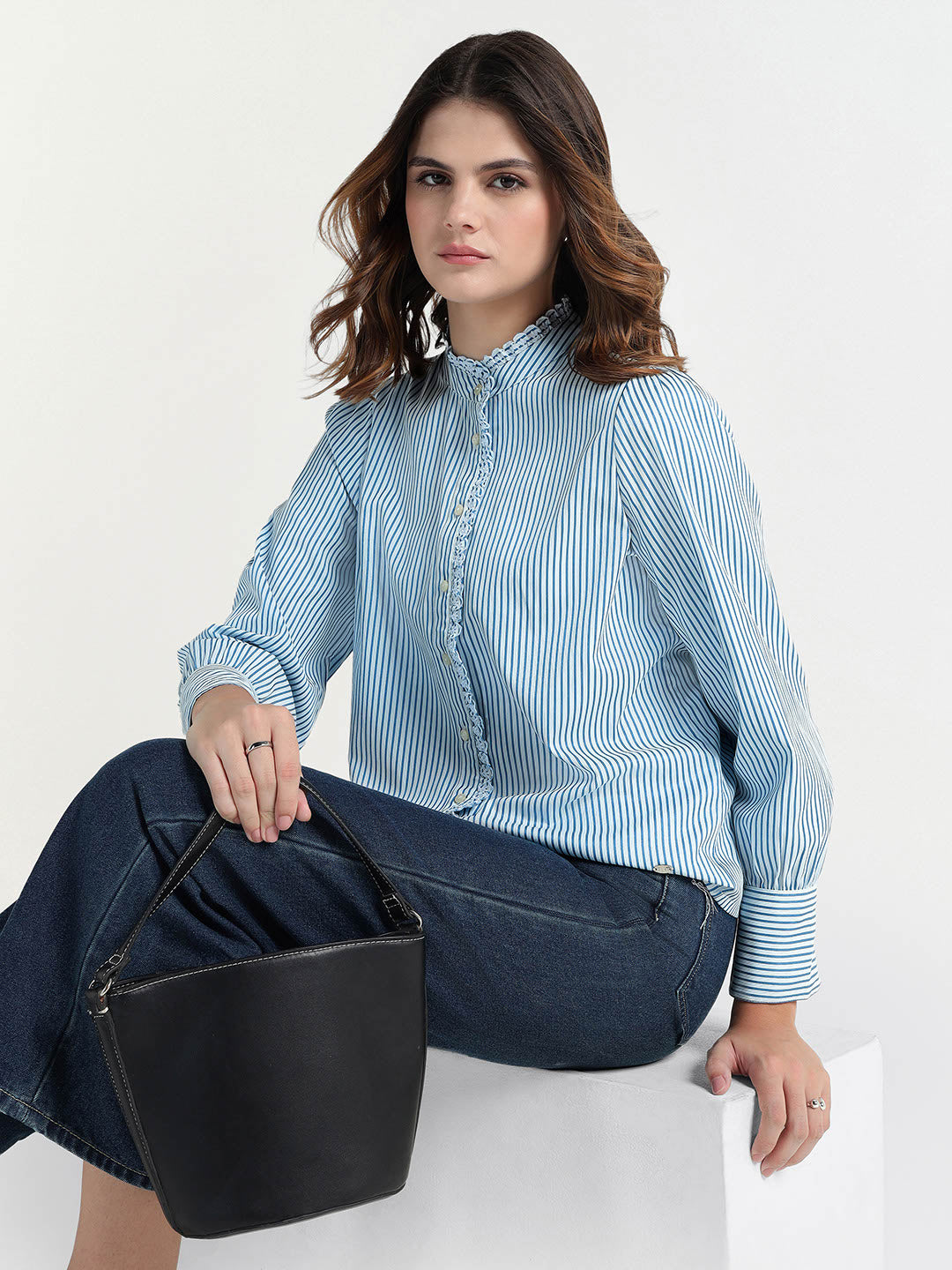 Elle Women White Striped Ruffle Neck Shirt