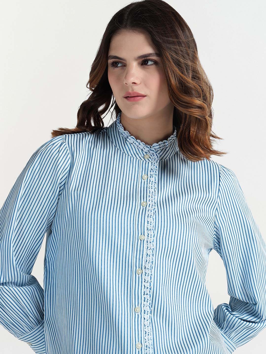 Elle Women White Striped Ruffle Neck Shirt