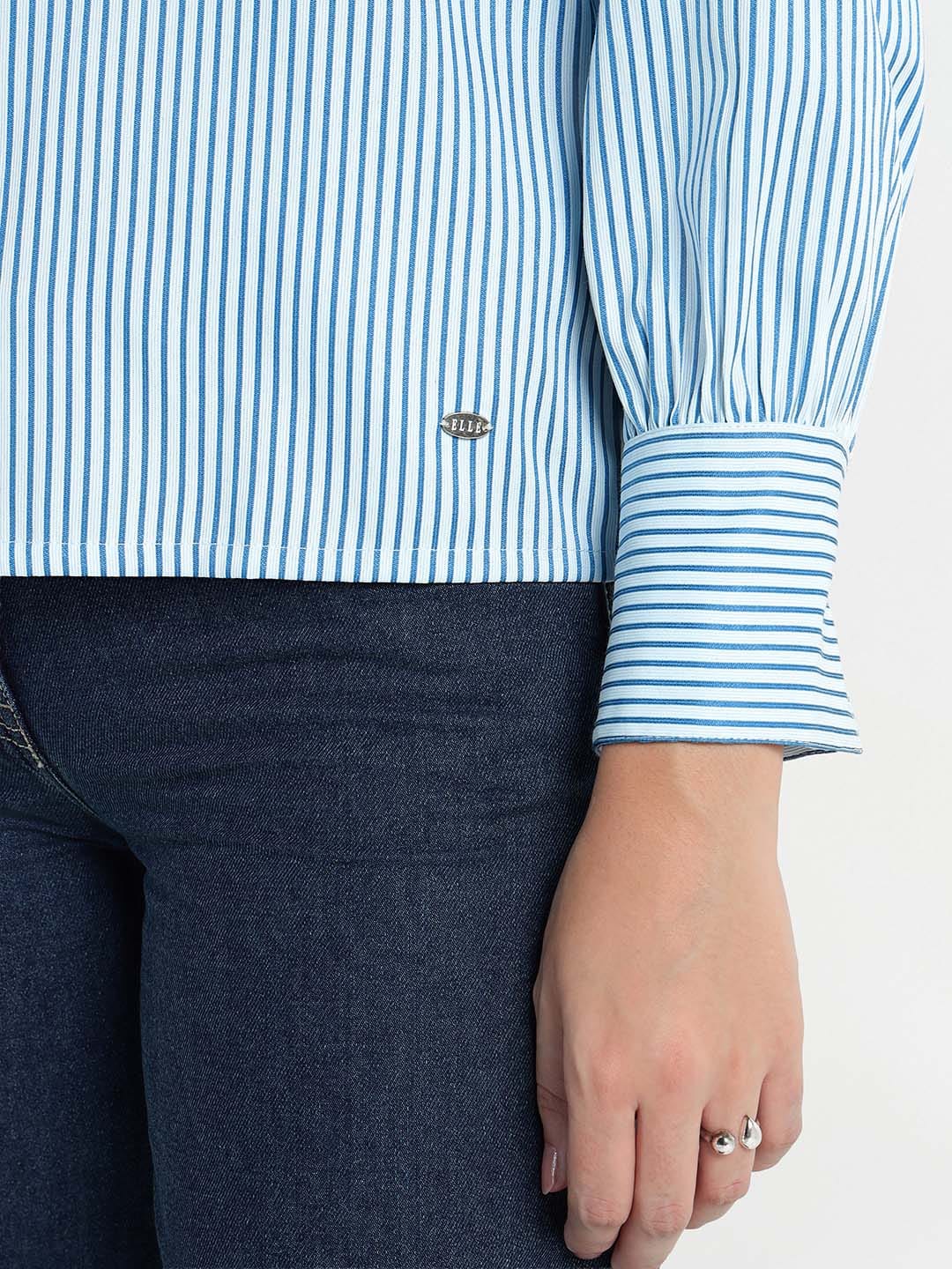 Elle Women White Striped Ruffle Neck Shirt