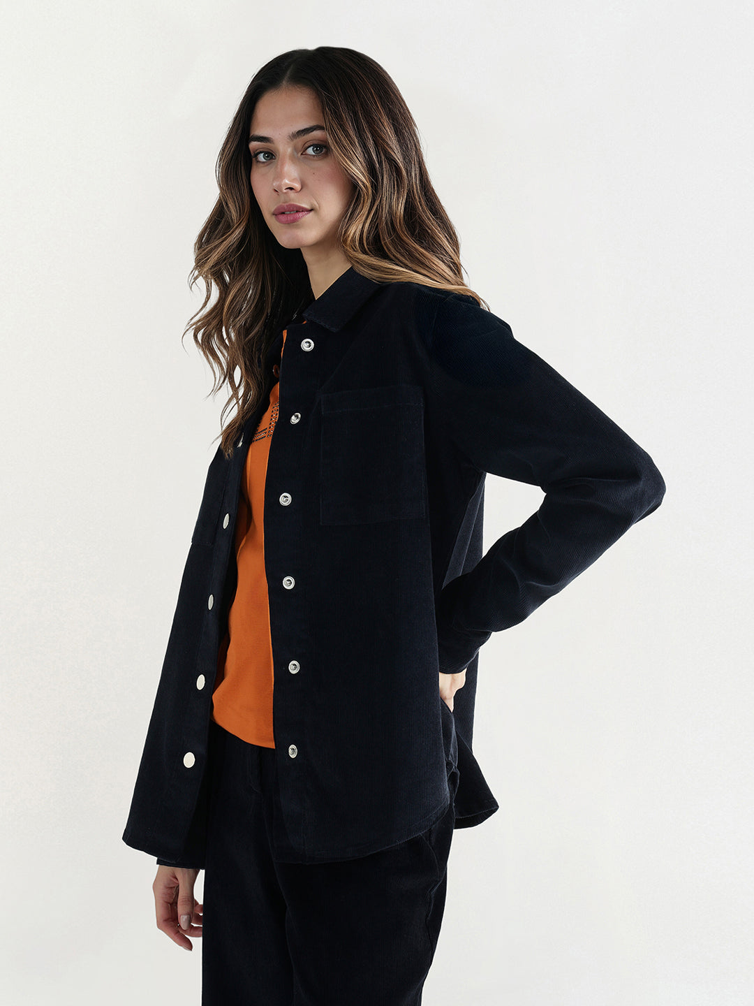 Elle Women Regular Fit Navy Blue Solid Shirt