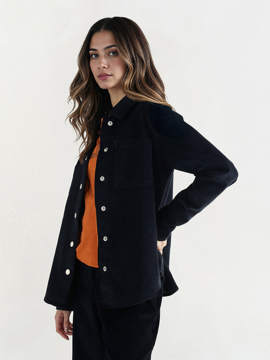 Elle Women Regular Fit Navy Blue Solid Shirt