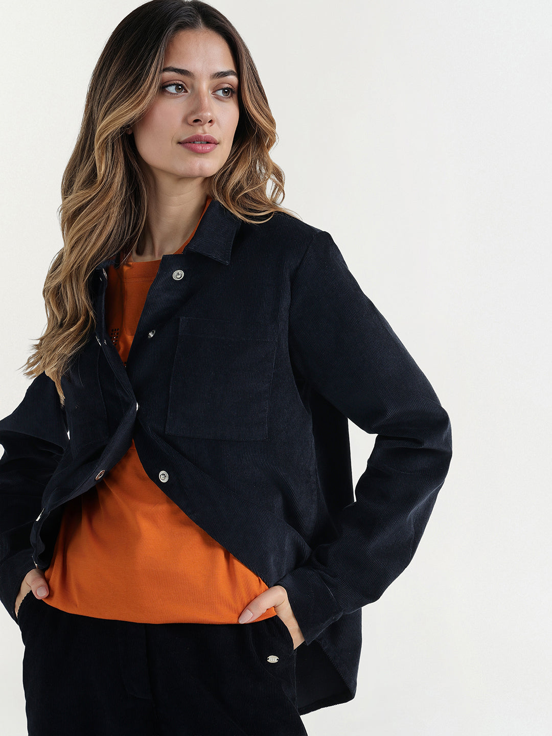 Elle Women Regular Fit Navy Blue Solid Shirt