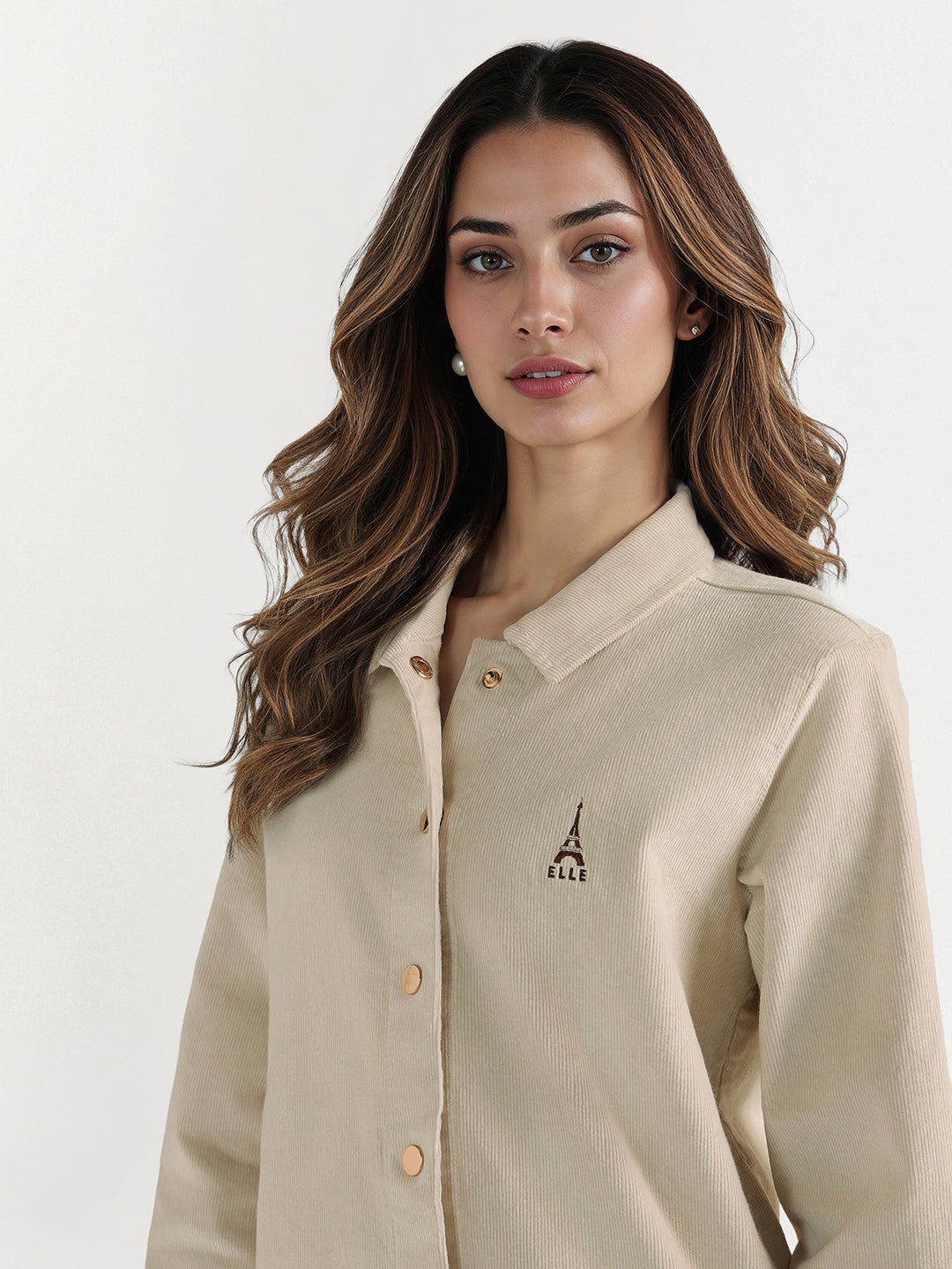 Elle Women Cream Solid Collar Shirt